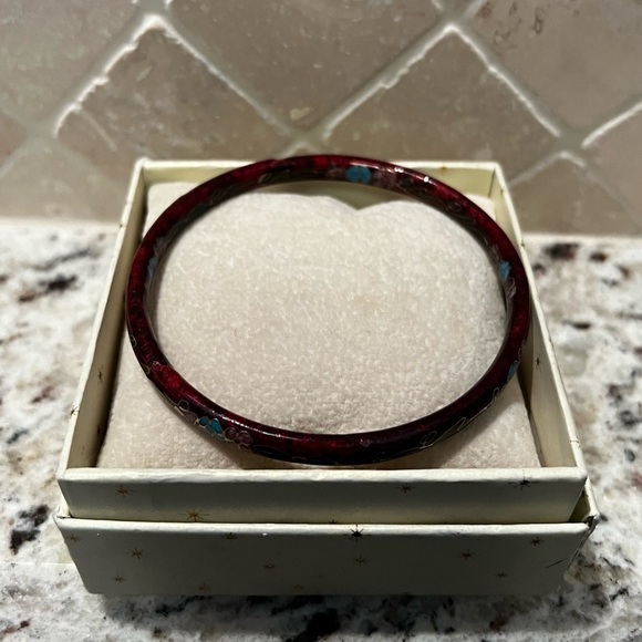 Elegant Red Cloisonné Floral Bangle Enamel Vintage Bracelet - Picture 2 of 7